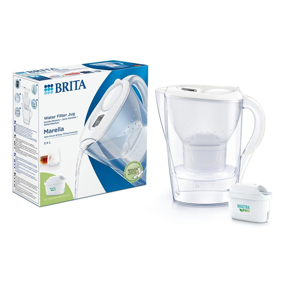 BRITA Caraffa filtrante 2.4L Marella + 6 filtri per acqua compatibili con BRITA MAXTRA+ (filtra PFAS)