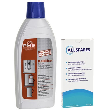 Set di manutenzione AllSpares per macchine da caffè, compresse di pulizia (10 pz) + Decalcificante (500 ml)