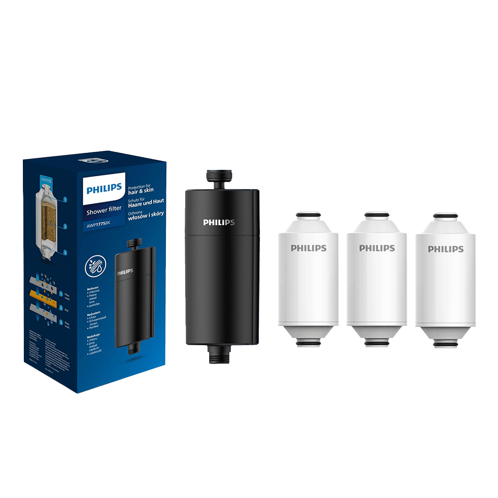 Philips filtro per doccia (nero) con 3 cartuccia compatibile con tutti rubinetti e tubi