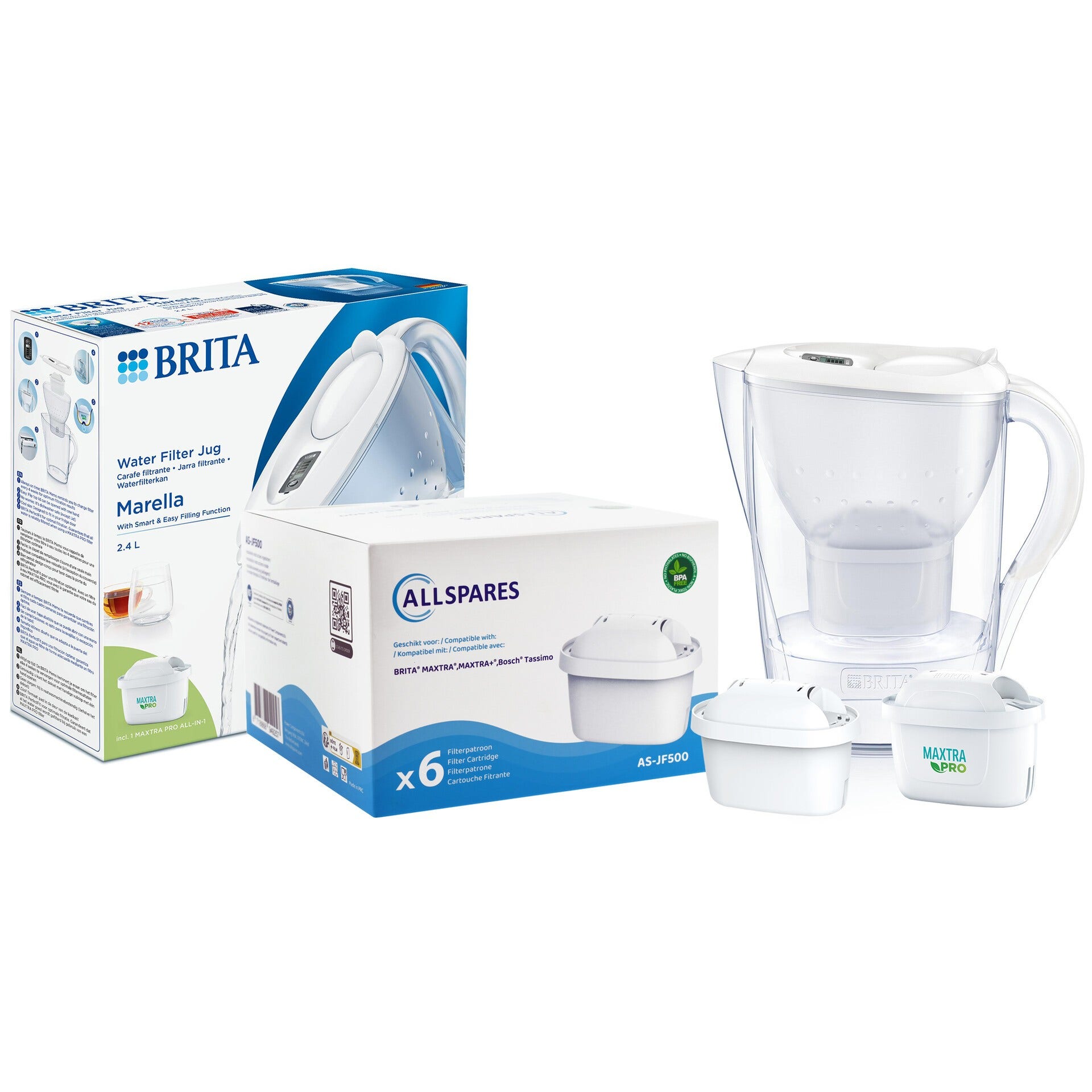 Set di filtri per acqua BRITA Marella + 6 filtri per acqua AllSpares (filtra PFAS)