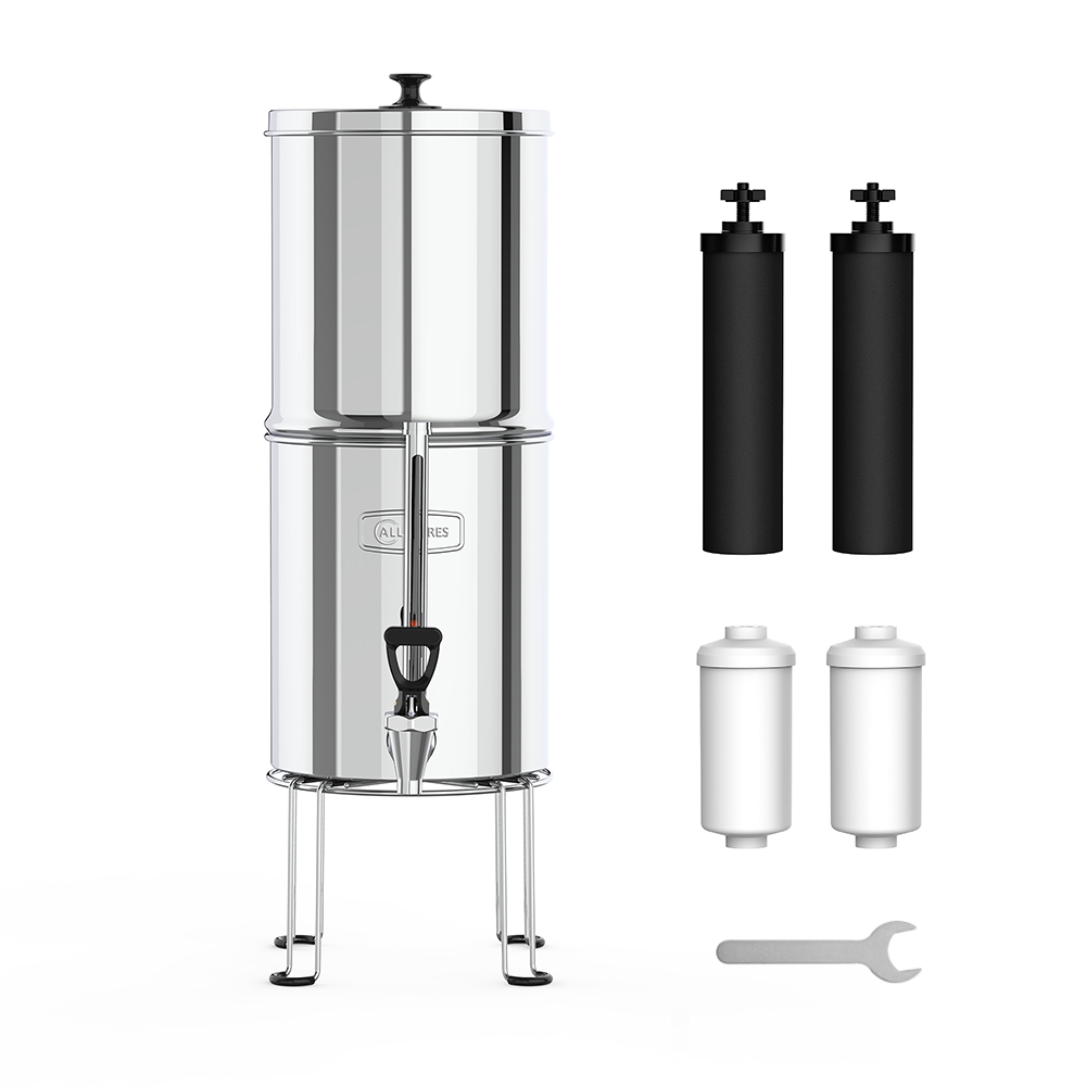Sistema di filtraggio dell'acqua a gravità in acciaio inossidabile (8,5 l) include 2 filtri a carbone e 2 filtri al fluoro