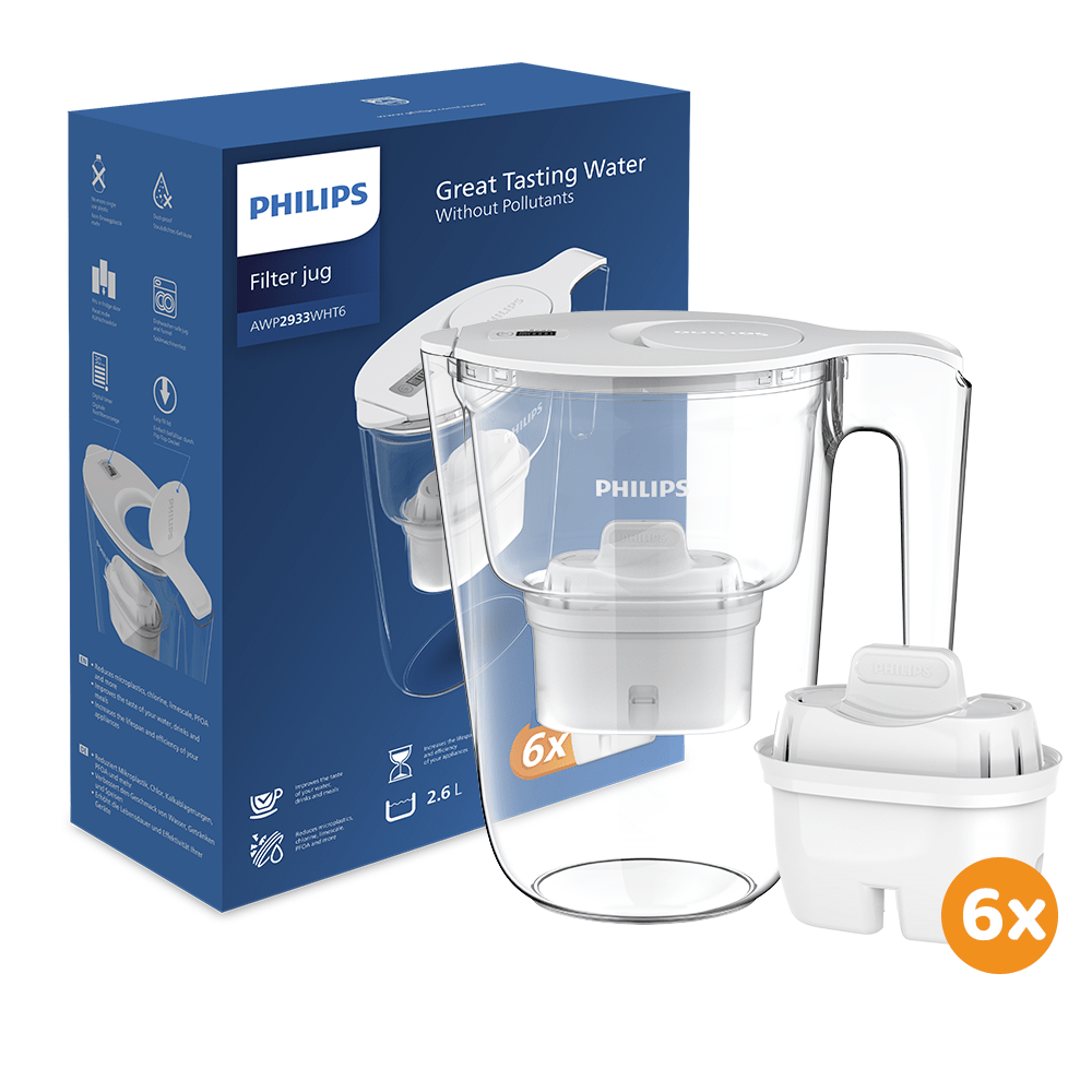 Caraffa filtrante Philips 2,6 l + 6 filtri dell'acqua Micro X-Clean (filtra PFAS) AWP2933WHT6