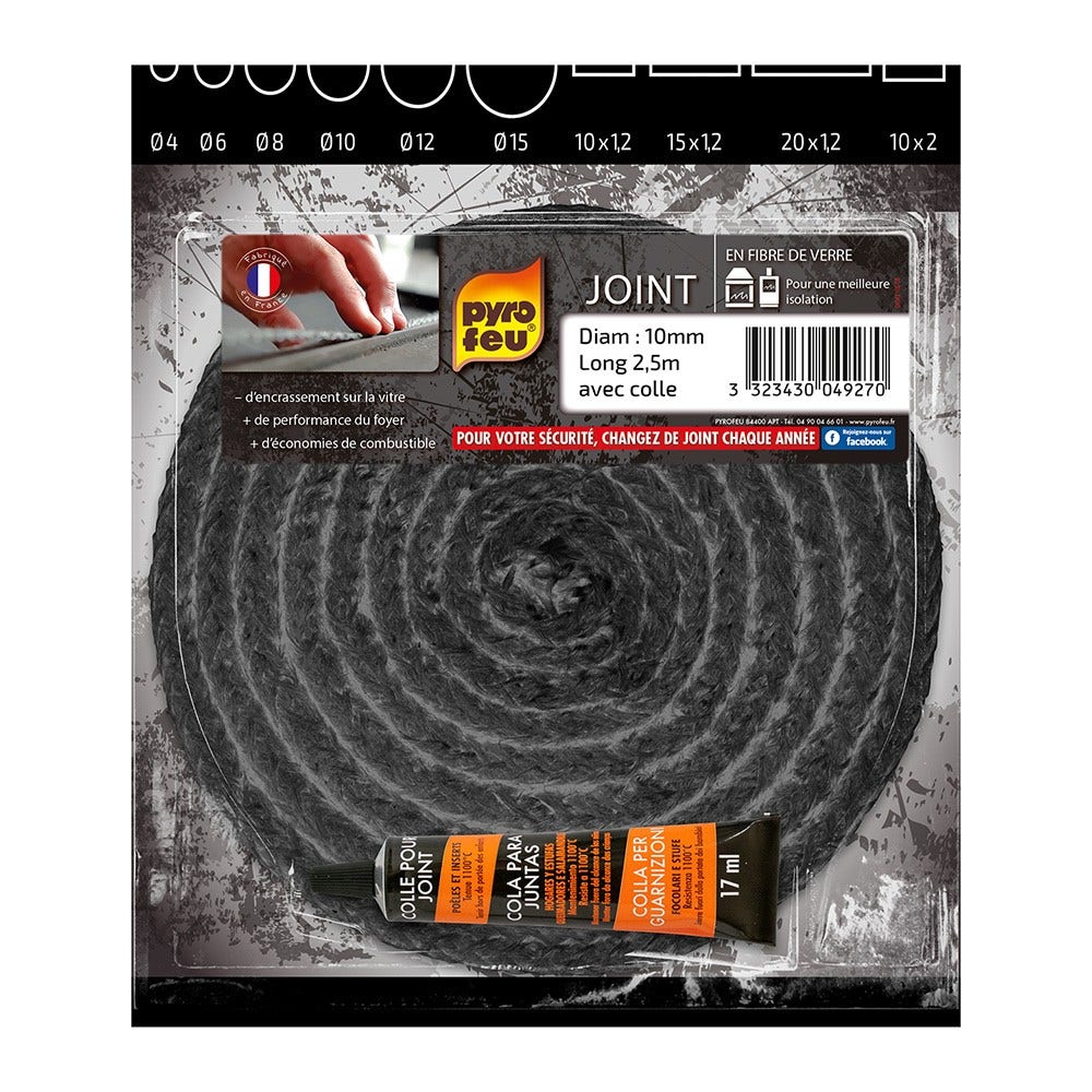 Guarnizione per stufa Pyrofeu tonda Ø 10 mm - 2,5 m + Colla PF-4927